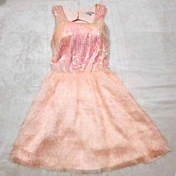 Charlotte Russe ✦ Pink Sequin Drop Waist Dress ✦ Open Back Furry Skirt M EUC - Picture 3 of 17